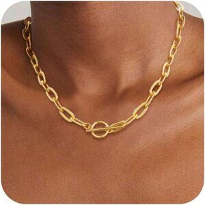 🆕Women Gold Chunky Layered Chain Necklace 14K Plated Herringbone Toggle Jewelry
